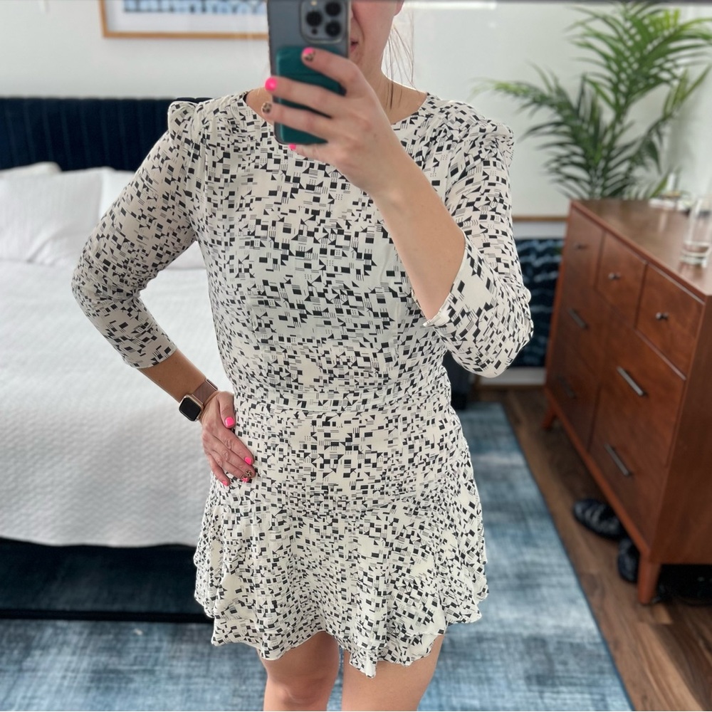 REISS Silk Dress White black geometric print